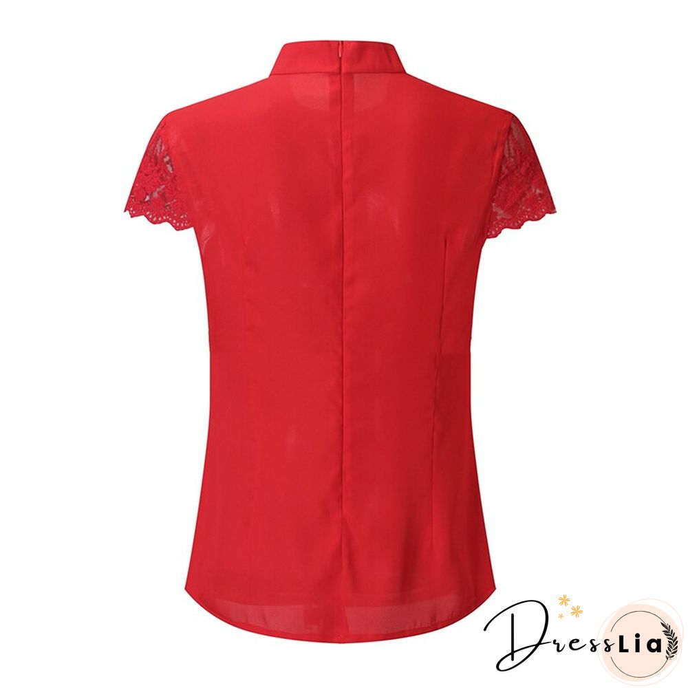 Lace Stitching Top Sexy Shirt Summer Women's Chiffon Top Stand-up Collar Lace Short-sleeved Elegant Ladies Shirt