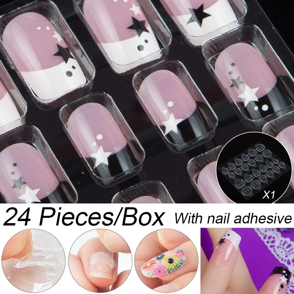 Fashion 24pc/set 10 Sizes Fake Nails Full Cover French False Nail Tips With Double-Sided Nail Adhesive Tab Press On Nails Art-Nail Inspo