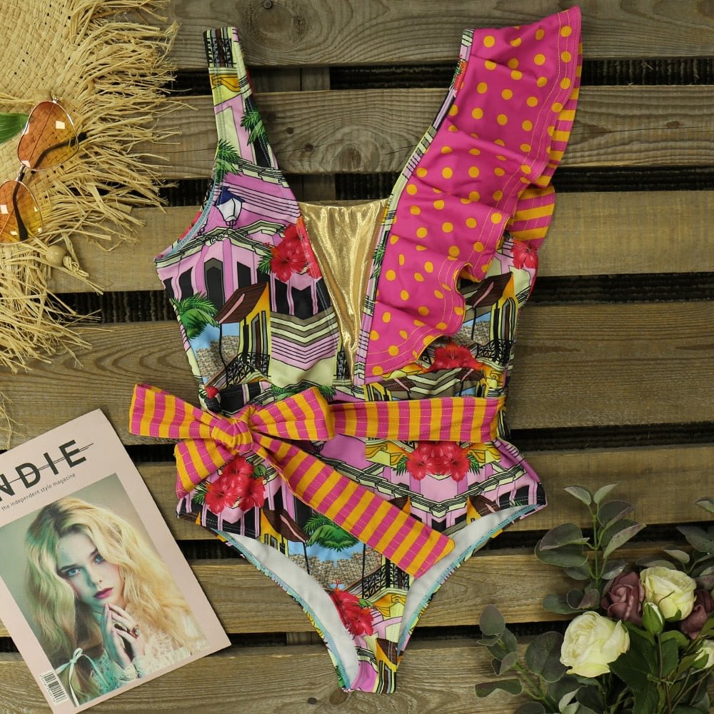 One Piece Swimsuit 2020 New Sexy Print Floral Bodysuit Ruffle Swimwear Women Yellow Bathing Suit Beach Wear Backless Monokini