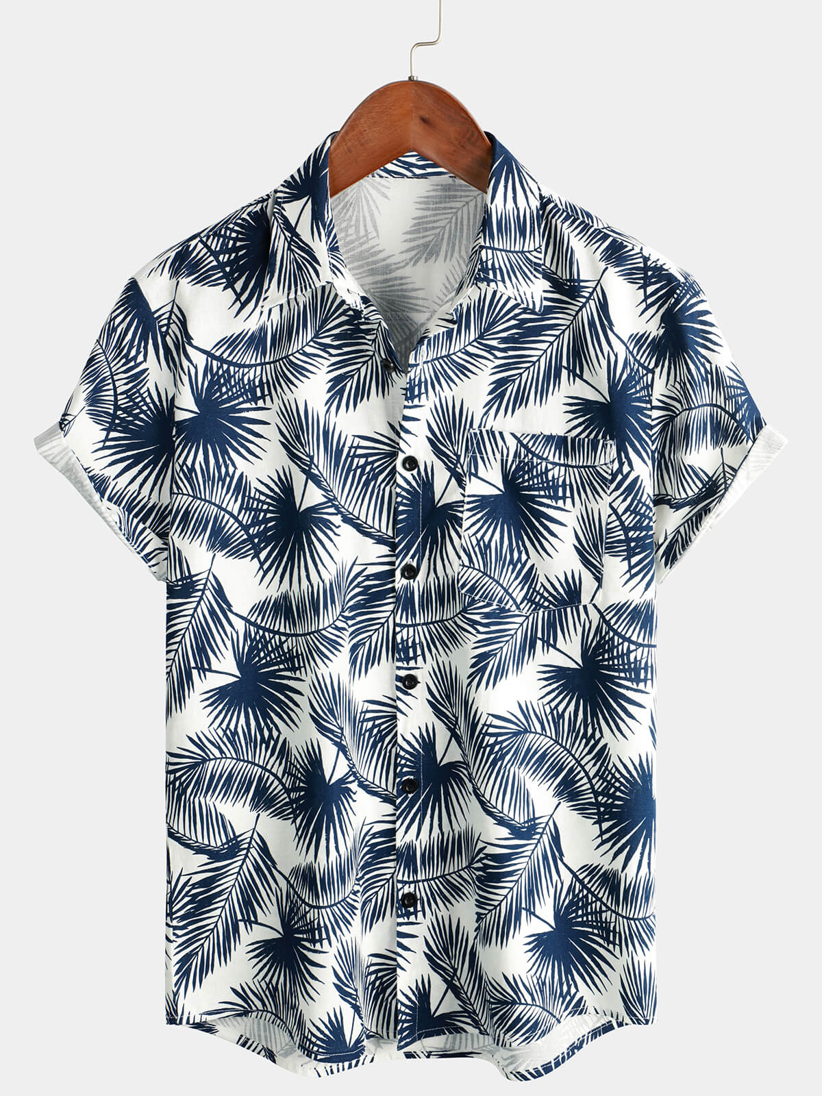 Men's Summer Cotton And Linen Hawaiian Tropical Plant Print Pocket Summer Short Sleeve Shirt