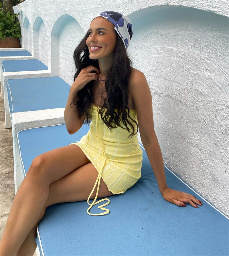 Ootddress Strapless Knit Mini Dresses Women Off-Shoulder Stripe Knitting Bodycon Dress Summer Beach Party Halter Club Streetwear