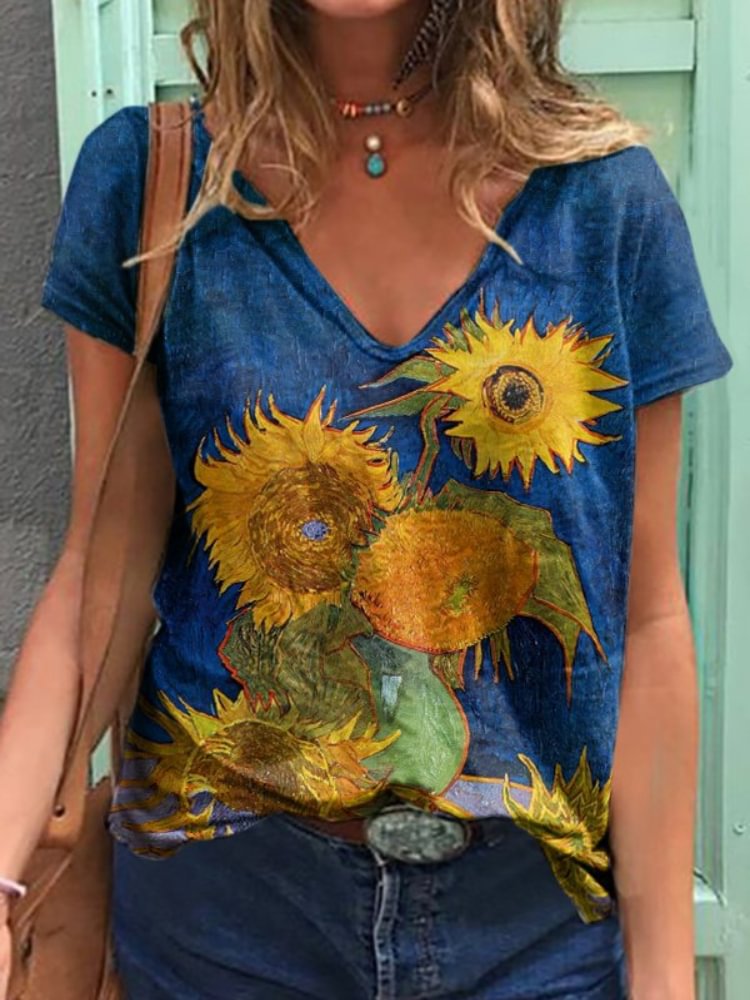 Vefave Sunflowers Painting Print V Neck T Shirt