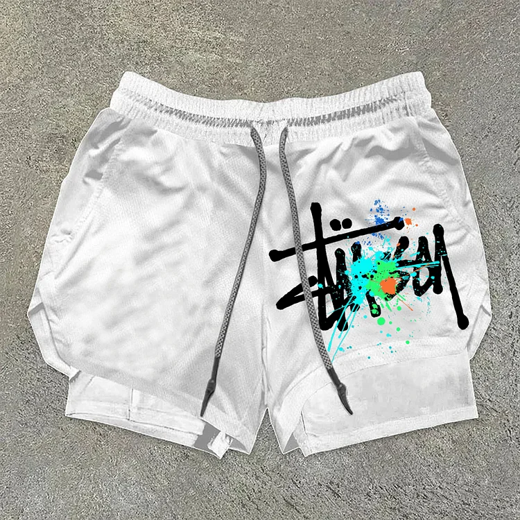 Men's Stussy Graphics Double Layer Quick Dry Drawstring Casual Shorts