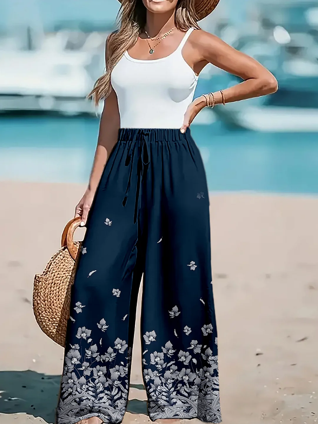 Women's Elegant Floral Wide Leg Pants - Navy Blue Floral Print Non-Stretch Pants For Beach Vacation, Casual Outfits - Loose Trousers With Drawstring Waist, Machine Washable Non-Transparent Fabric For Mature Women, Beach Pants, Summer Outfit | IFYHOME