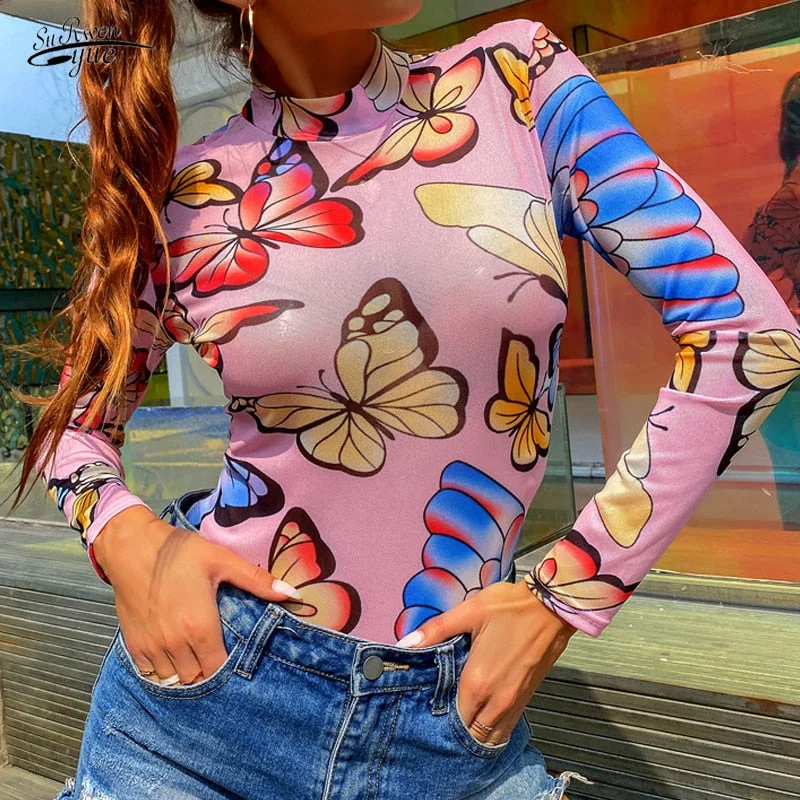 American spring and summer tops fashion long-sleeved half-high neck butterfly print T-shirt bottoming women's one-piece 15936
