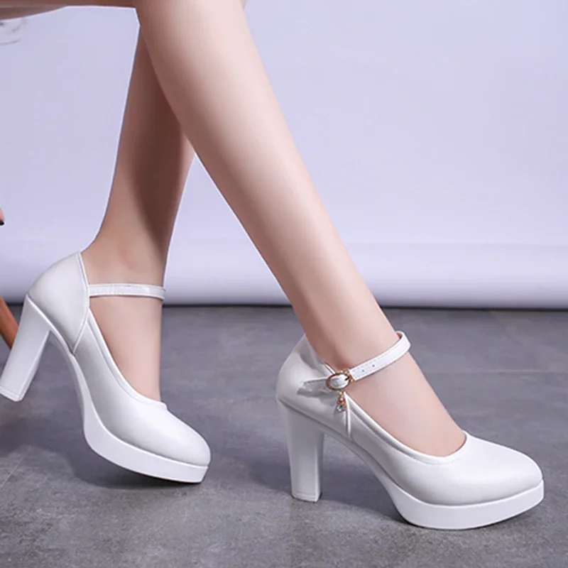 Qengg Heel shoes White Wedding Shoes Women Pumps Platform high heels Shoes with ankle strap Ladies Office Party Dance Shoe 2022