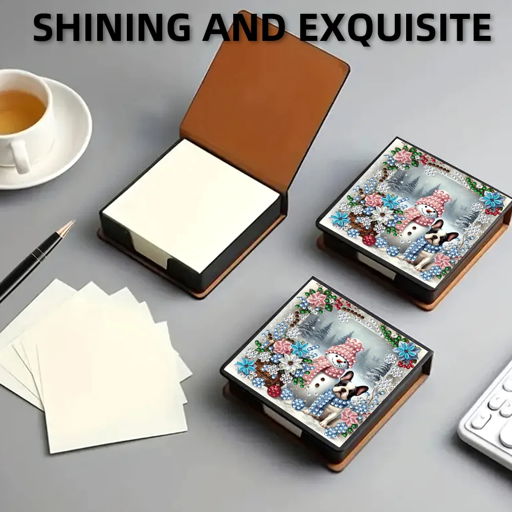 5D DIY PU Snowman Dog Diamond Painting Notecard Box Gem Art Note Holder