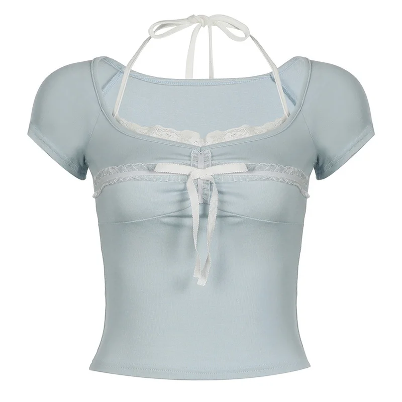 Ueong Tie Lace Stitching Neck Pure Wind Short-Sleeved Blouse Sweet Slim And Skinny T-Shirt In Summer