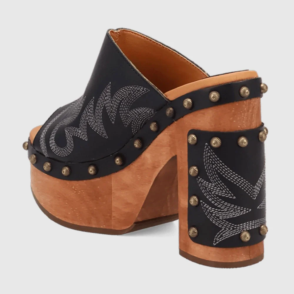 Black Peep Toe Chunky Heel Studded Embroidered Platform Mules Shoes