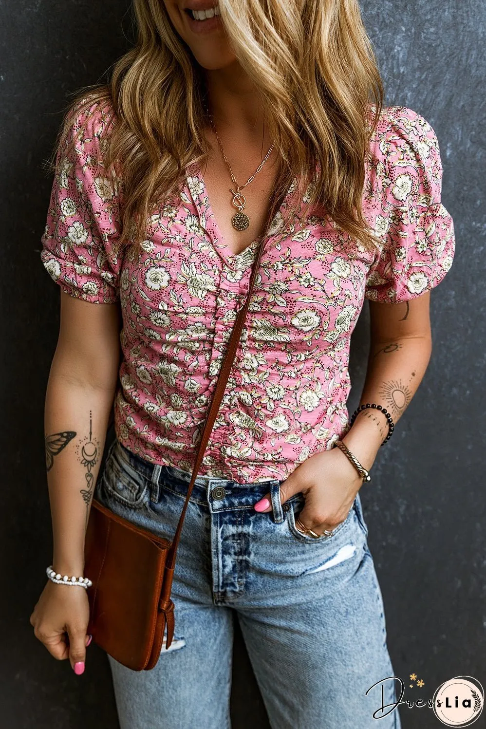 Floral Short V Neck Ruched Blouse