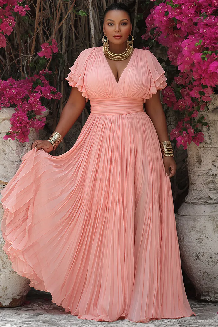 Xpluswear Design Plus Size Formal Pink Wrap Neck Short Sleeve Ruffle Pleated Maxi Dresses [Pre-Order] 2024 - Xpluswear