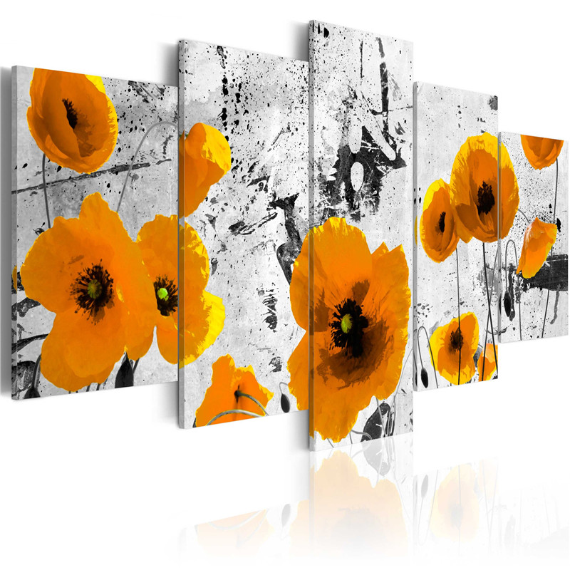 Modern Canvas Printing Scarlet Flowers Poster Contrasting Black and White Background Yellow Blue Red 3 Colors Wall Art Picture