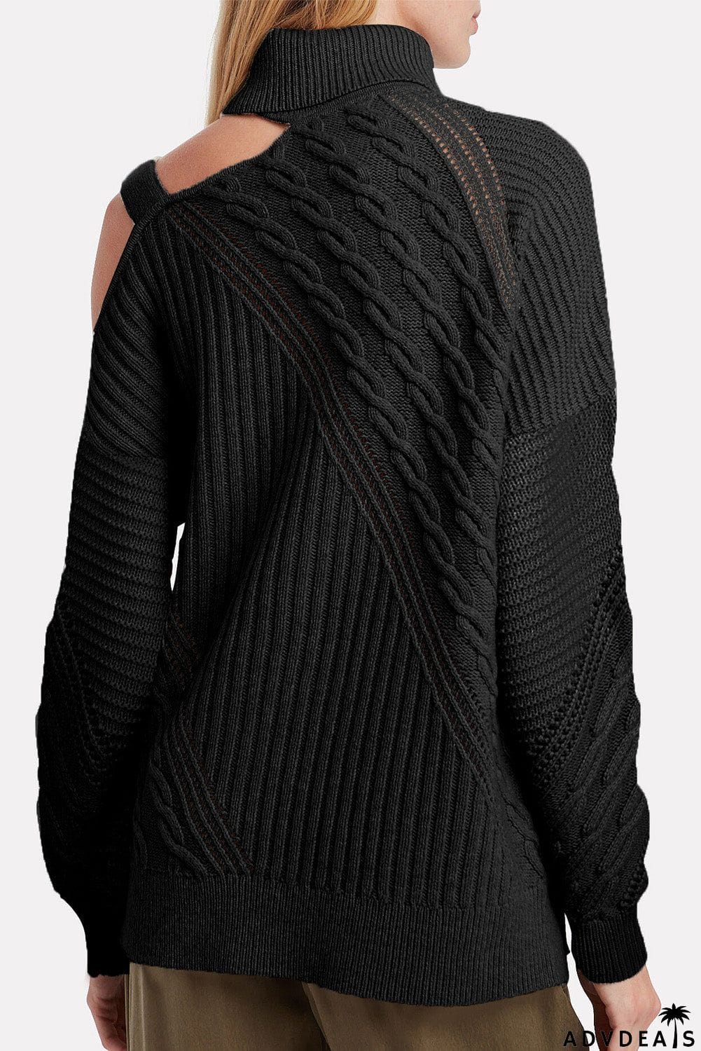 Strapped Cut out Shoulder Turtleneck Sweater