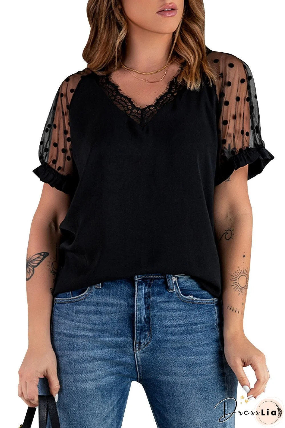 Polka Dot Lace Trim Spliced Mesh Blouse