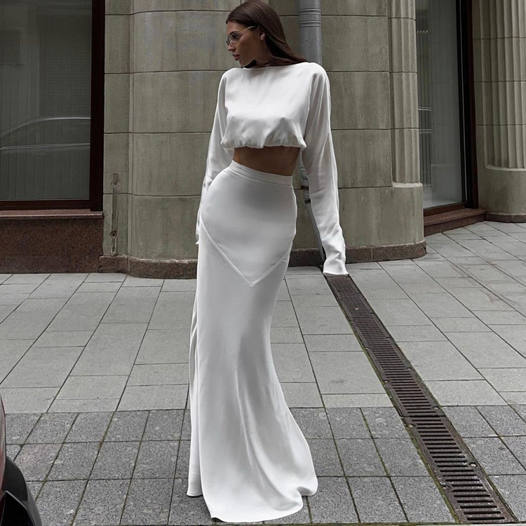 Ootddress Spring Satin High Waist Long Skirt 2 Piece-Set Fashion Slim Elegant Gown Long Sleeve Pullover And Maxi Skirt Outfits 2025