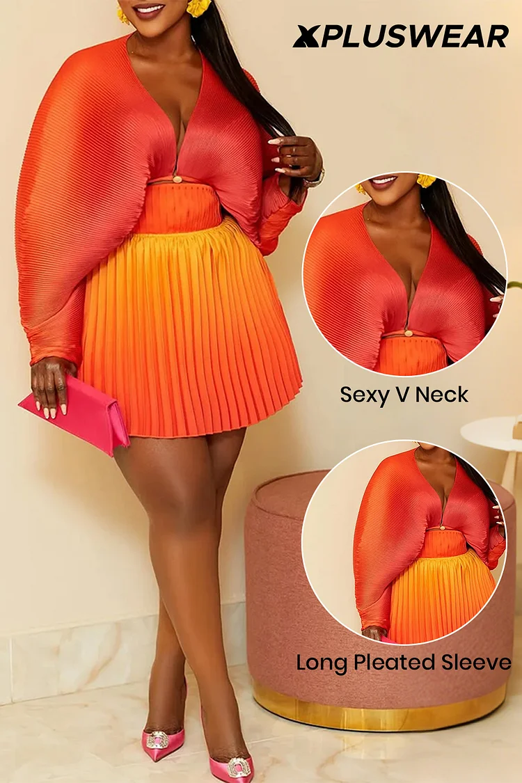 Plus Size Party Orange V Neck Long Sleeve Pleated Two Piece Skirt Sets [Pre-Order]