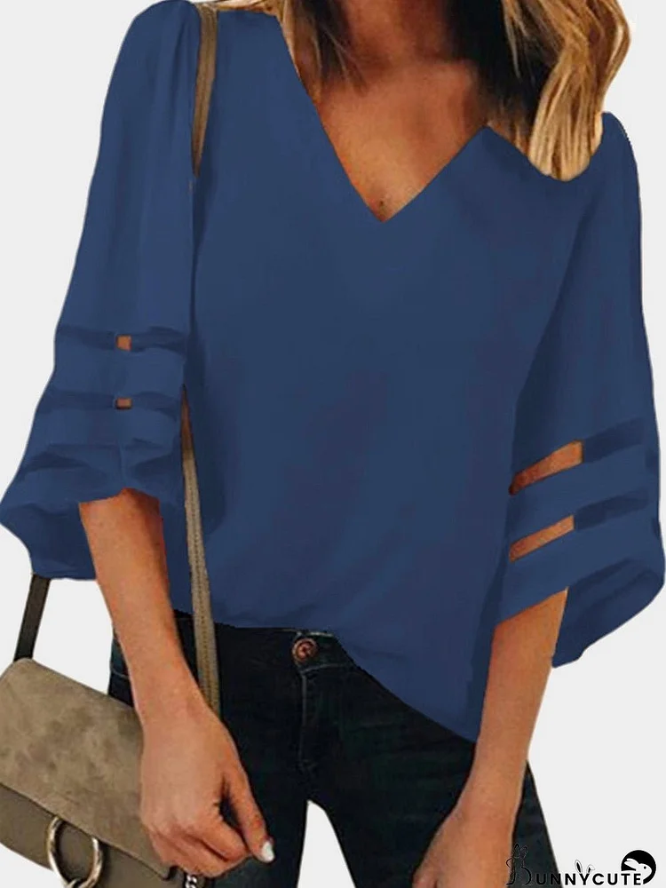 Blue Sheer Insert V Neck Blouse with Flare Sleeves