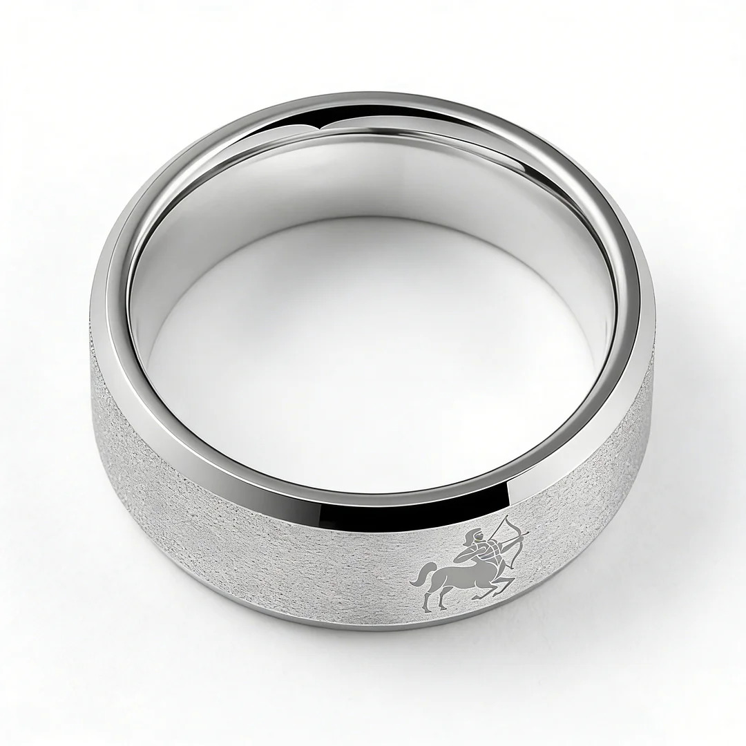 Sliver Sagittarius Couple Wedding Bands Beveled Edges Sliver Laser Etched Tungsten Carbide Ring 4MM 6MM 8MM