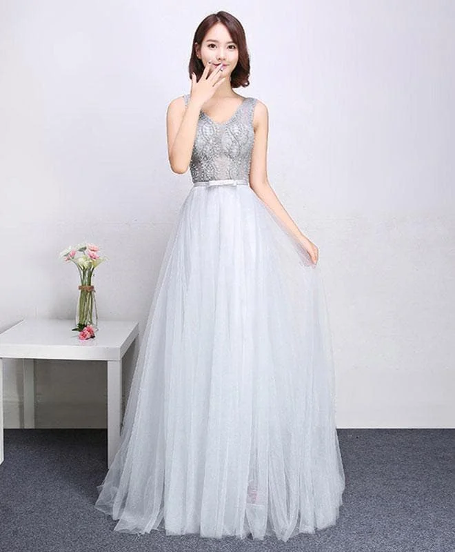 Gray V Neck Tulle Lace Long Prom Dress, Evening Dress