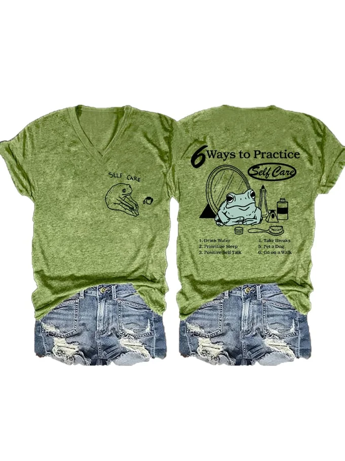 Women's Self Care Frog Drinking Coffee Mental Health Print V-Neck T-Shirt