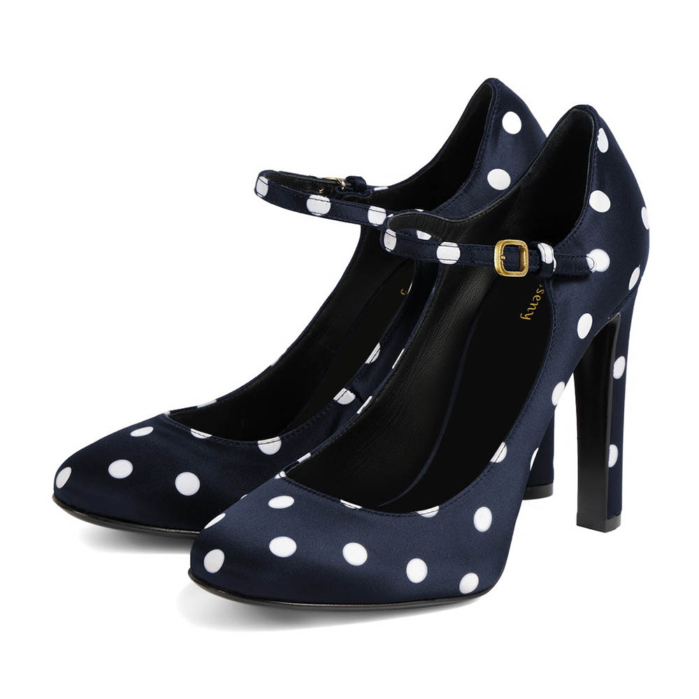 Navy & White Satin Polka-Dot Chunky Heel Buckle Strap Mary Jane Shoes Nicepairs
