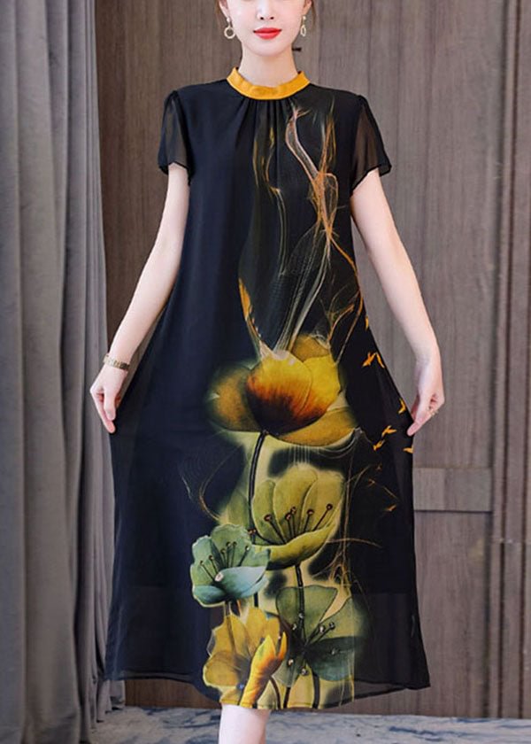 Classy Black Stand Collar Floral Print Chiffon Holiday Dresses Short Sleeve