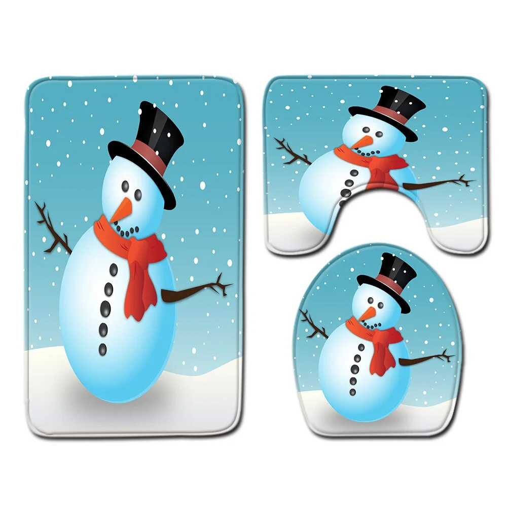 Christmas Toilet seat Cover 3pcs Set Bathroom Mat Home  Absorbent Door mats washroom Decoration Carpet Printing Flannel Rug