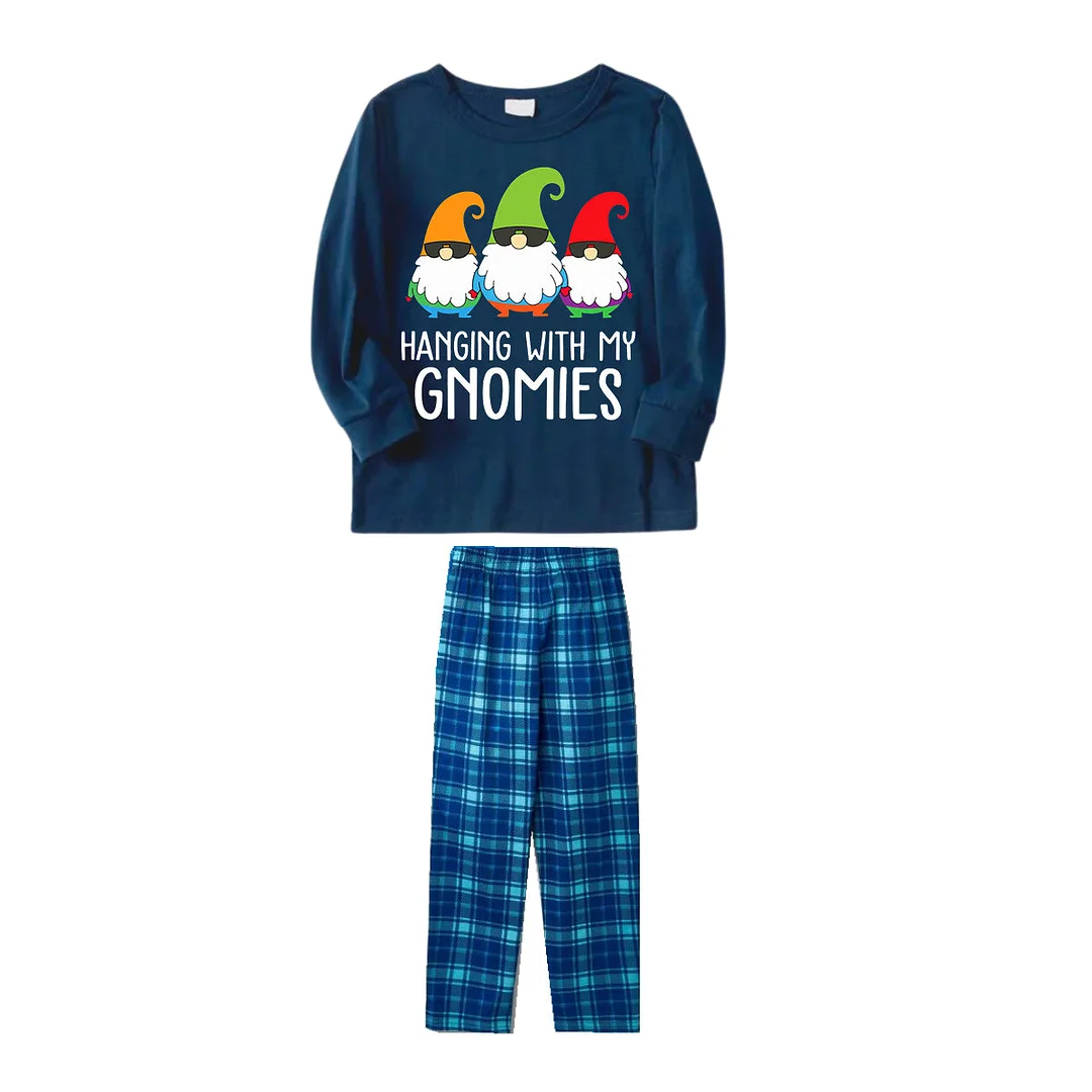 Three Santas "HANGING WITH MY GNOMIES" Monogram Print Blue Long Sleeves Top with Blue & Green Plaid Pants Family Matching Pajamas