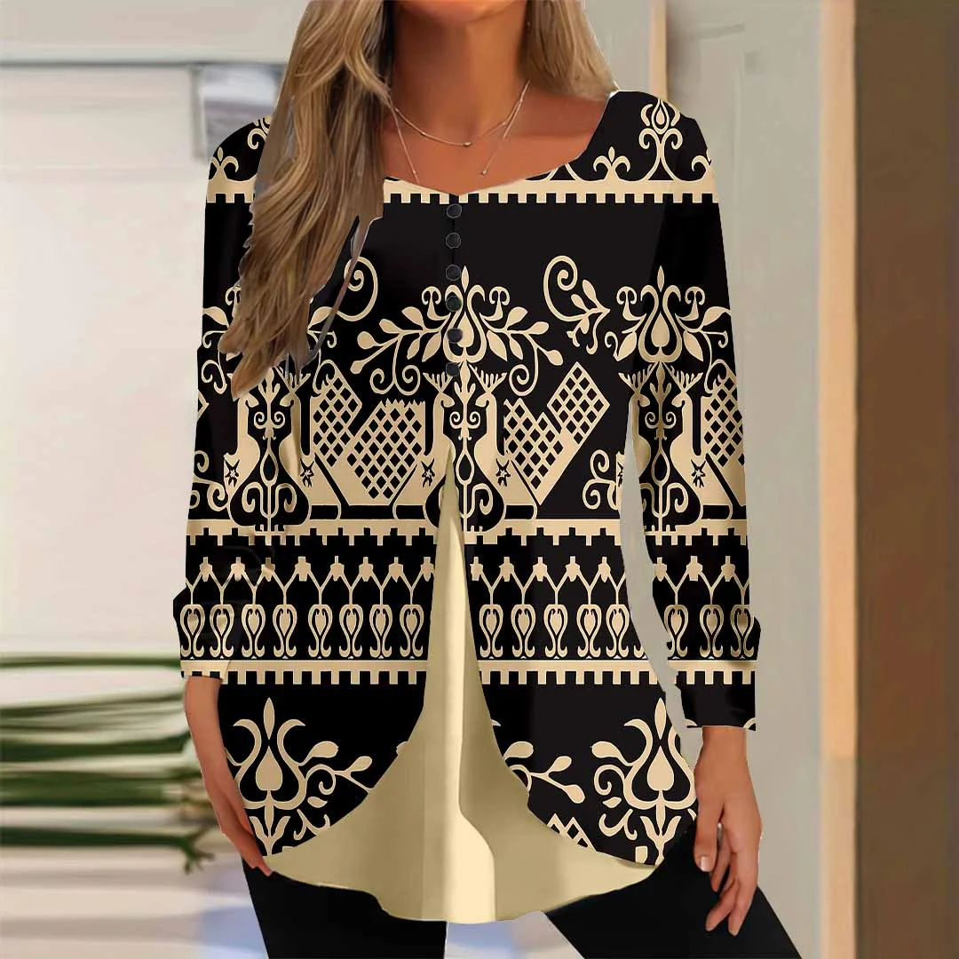 Women Graphic,Black DZGG8291 Long Sleeve Scoop Neck Printed Graphic Button Fake 2in1 Tops