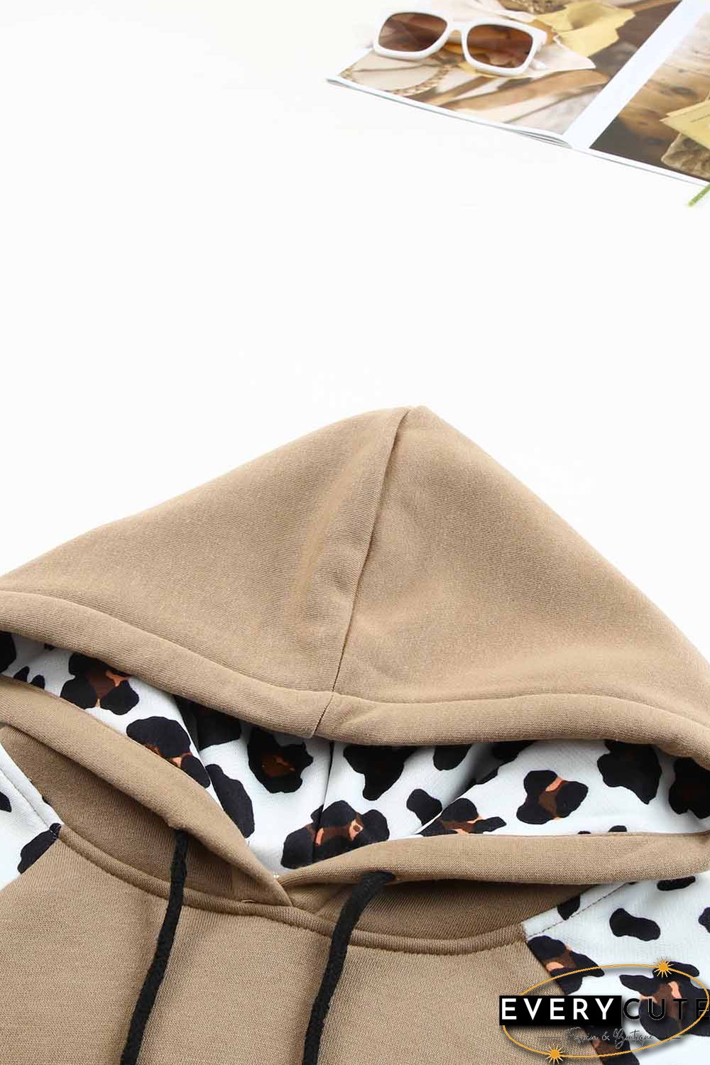 Khaki Leopard Bishop Sleeve Hooded Sweatshirt