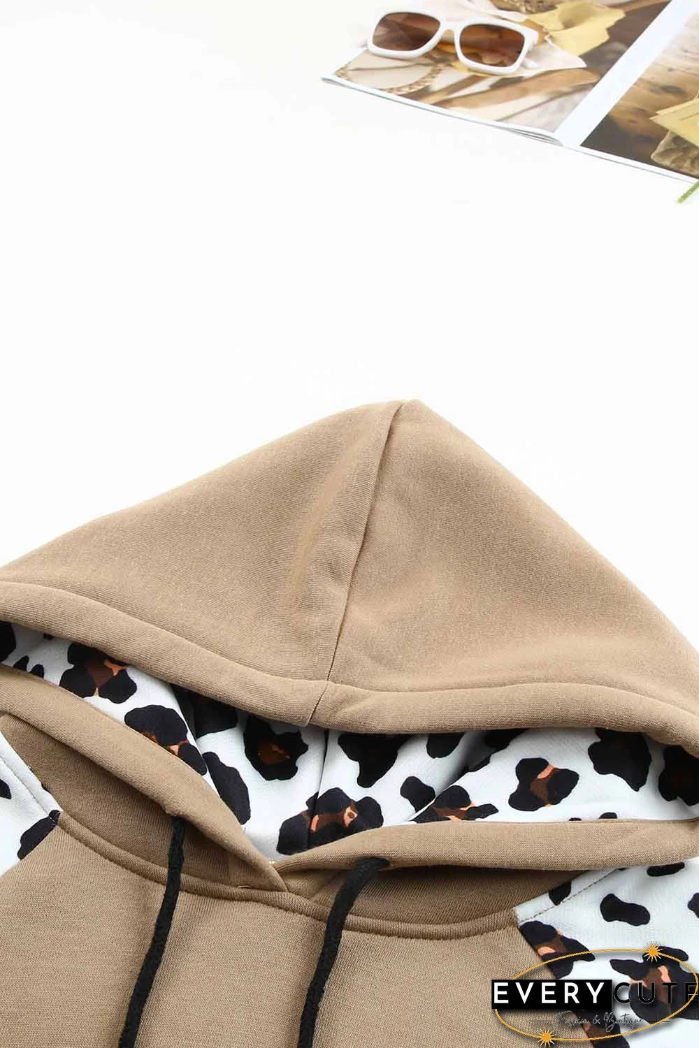 Khaki Leopard Bishop Sleeve Hooded Sweatshirt