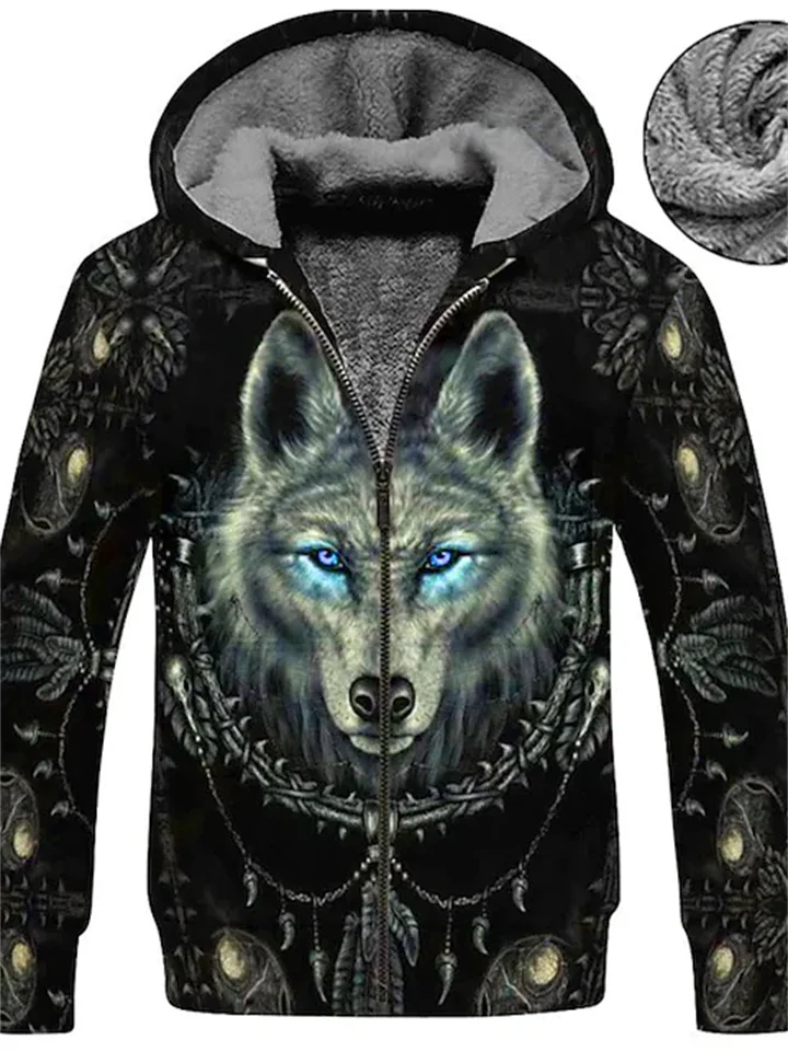 Men's Fleece Jacket Full Zip Hoodie Fleece Hoodie Sherpa Jacket Green Black Blue Pink Yellow Hooded Wolf Graphic Prints Zipper Print Sports & Outdoor Daily Sports 3D Print Fleece Streetwear Designer | 168DEAL