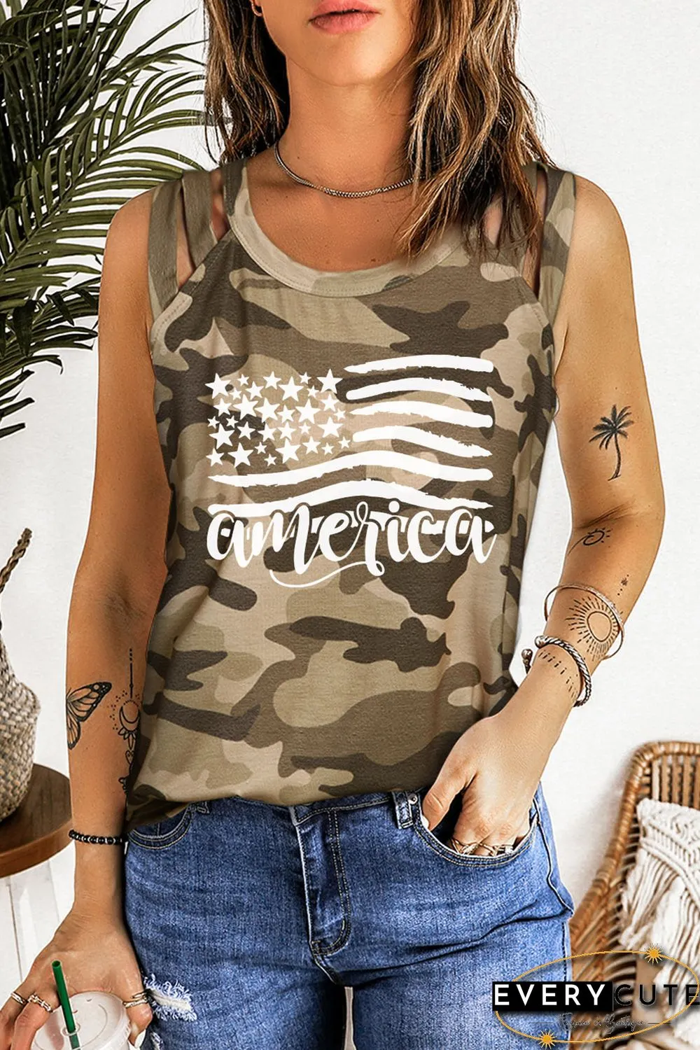 Green america Flag Camo Graphic Print Cut Out O Neck Tank Top