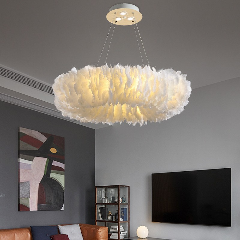 Nordic Round Feather Chandelier White Lamp Shade Pendant Light