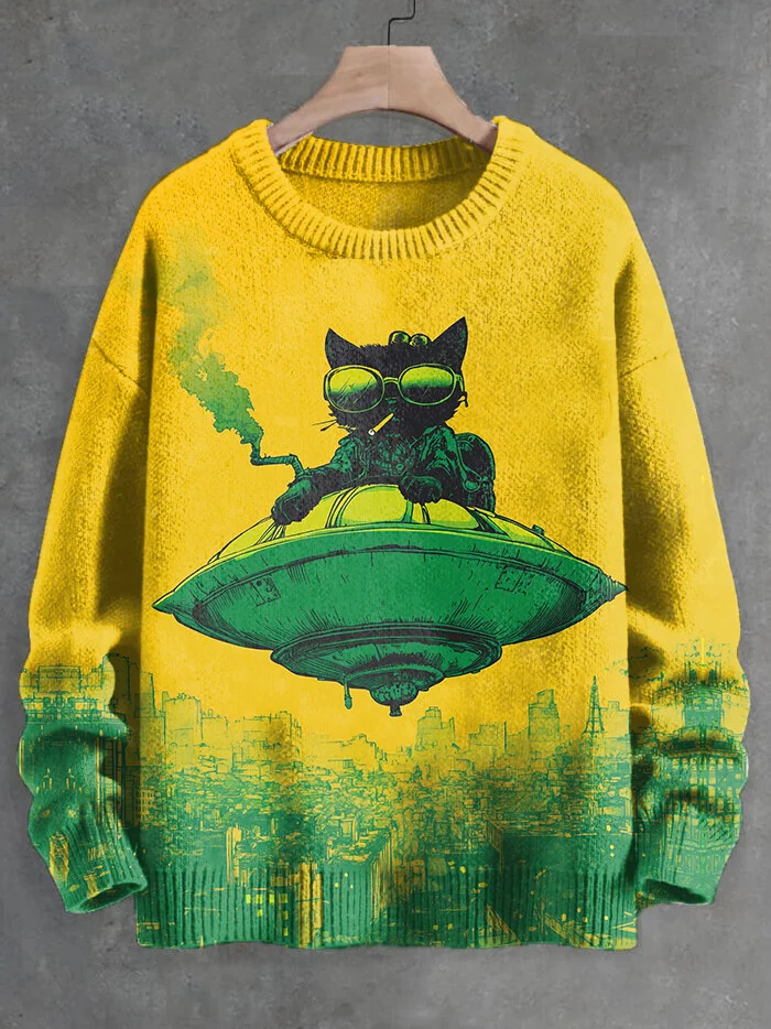 Men's Cool Black Cat Driving A Spaceship Art Print Knit Sweatshirt