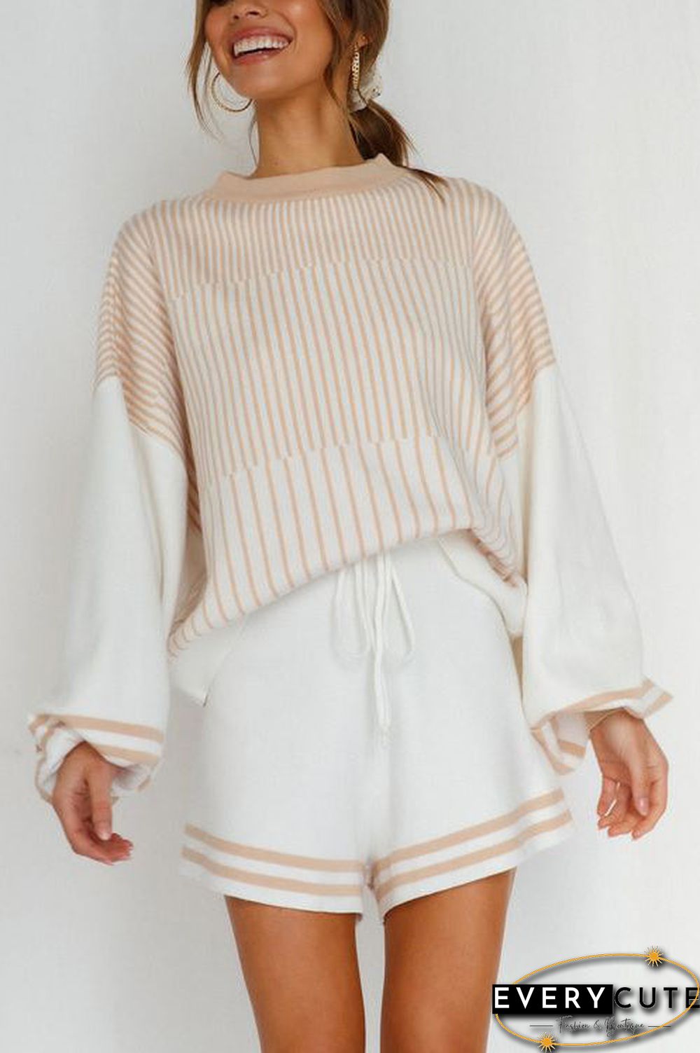 Gradient Stripe Puff Sleeve Sweater Shorts Set