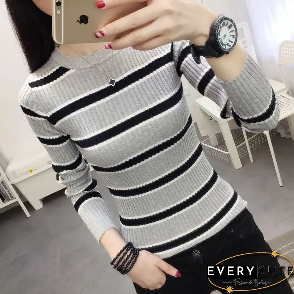 Fall New Neck Striped Sweater Women Korean Fashion Long Sleeve Pullovers Female Slim Fit