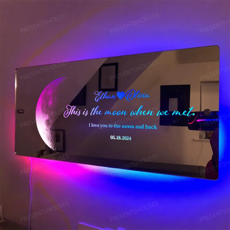 Custom Couple Moon Phase LED Wall Mirror | Engraved Anniversary Date with Real-Time Constellation Projection | Dimmable Bedroom Decor for Valentine's Day