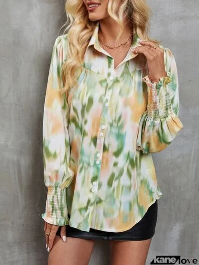 Printed Button Up Lantern Sleeve Shirt