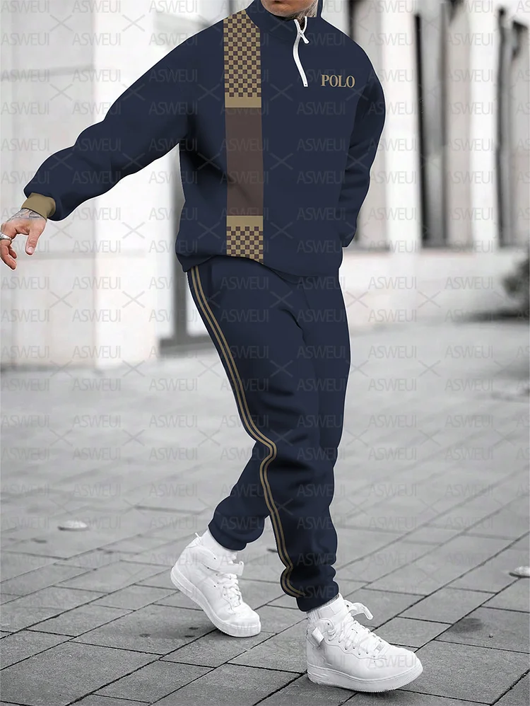 Men's fashion casual color match print long sleeve two piece set