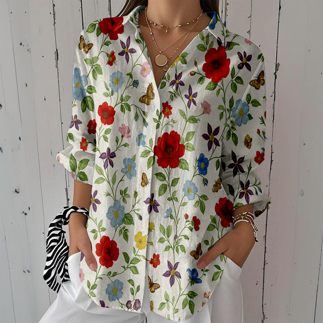 Women Long Sleeve V-neck Graphic Floral Printed Top