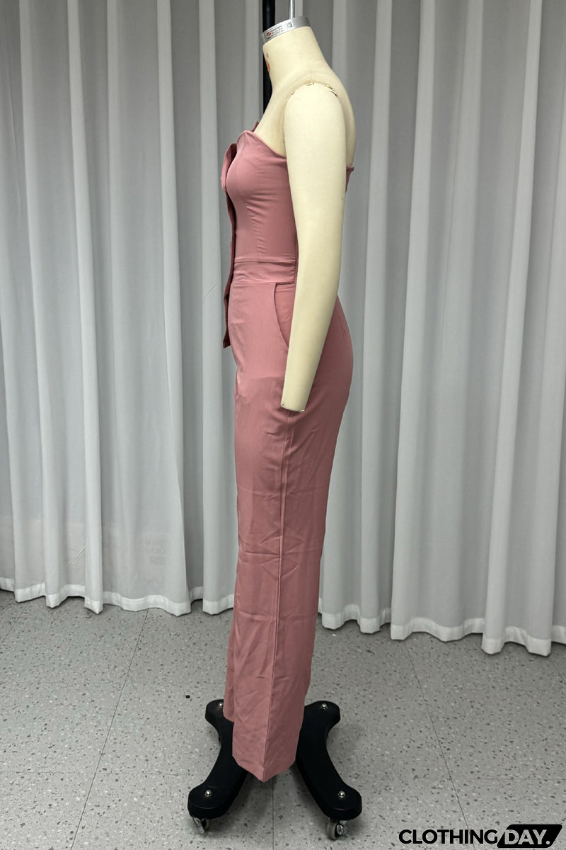 Casual Street Solid Color Buttons Irregular Strapless Regular Jumpsuits