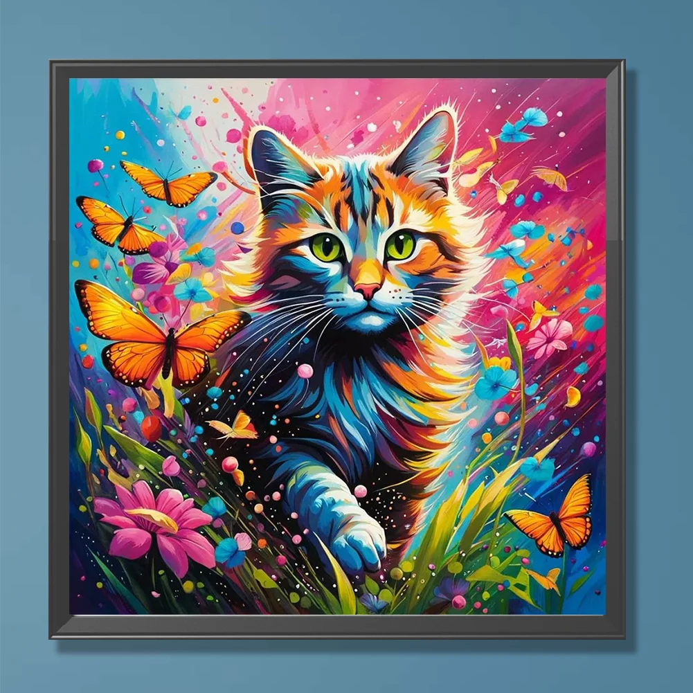 Diamond Painting - Full Round Drill - Cat Butterfly(Canvas|30*30cm)
