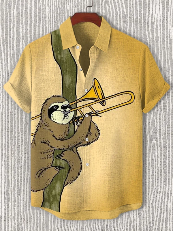 Men's Sloth Playing Trombone Print Casual Short Sleeve Shirt