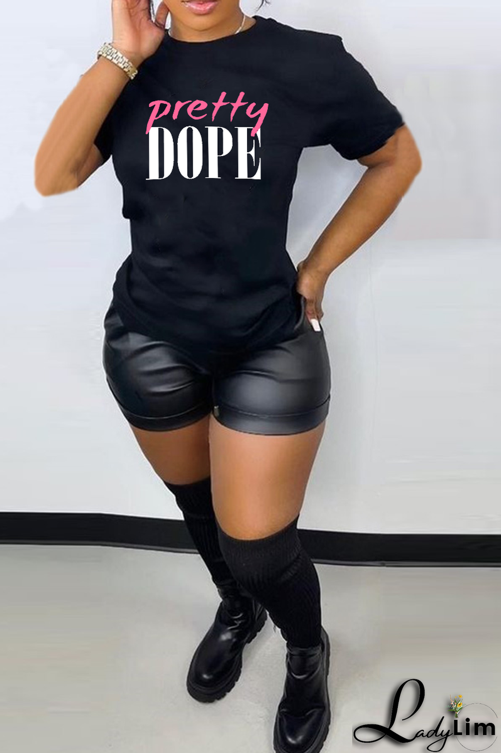 Black Casual Daily Print Split Joint Letter O Neck T-Shirts