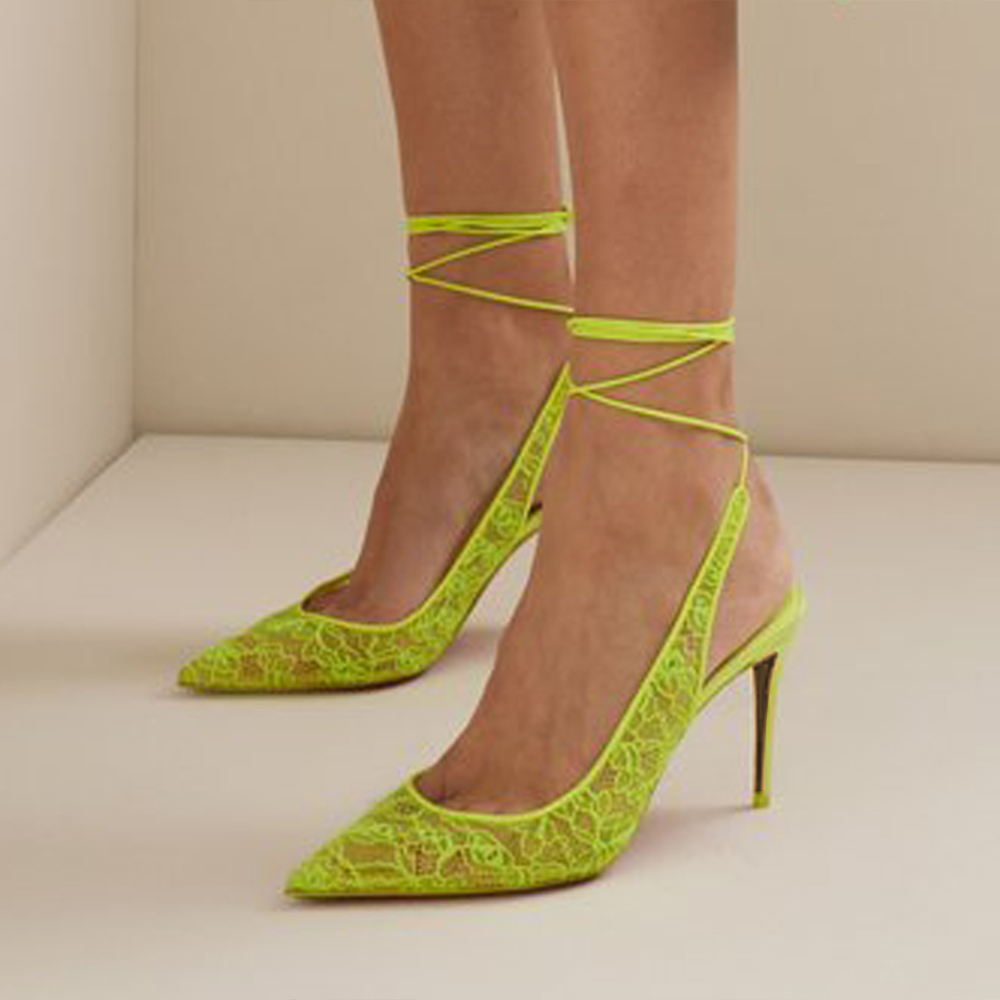 Green Lace Pointed Toe 3'' Stiletto Heel Lace Up Pumps Nicepairs