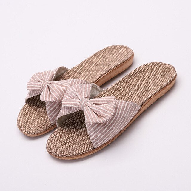 2019 Women Flax Slippers Summer Gl Casual Slides Beach Shoes Ladies Indoor Shoes Home Linen Slippers Floral Bow-knot Flip Flops