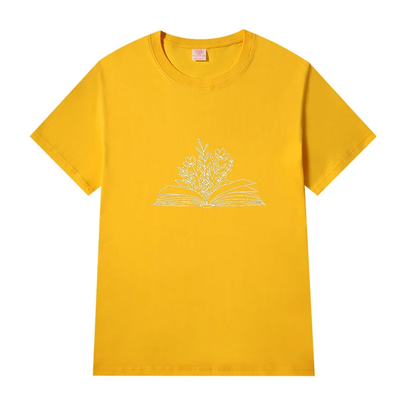 Short Sleeve Crew Neck Wildflower Book Letter Printed T-shirt