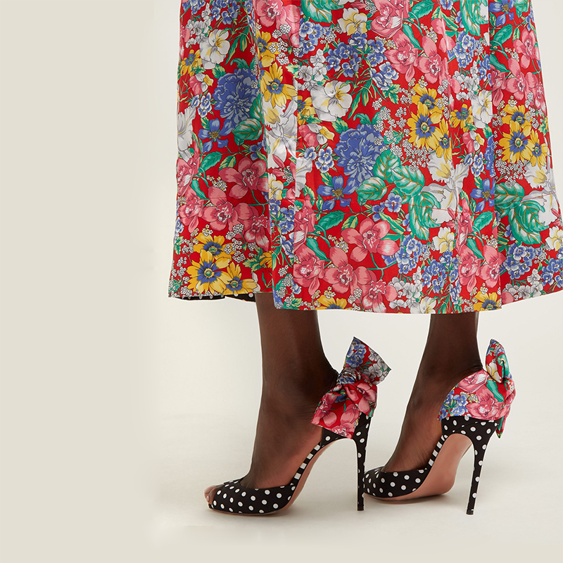GOOSHOE Polka Dots Satin Bow Peep Toe Heels - Black Floral Pumps