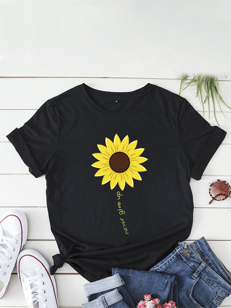 Women's Loose Sunflower Print Short Sleeve T shirt P1676463